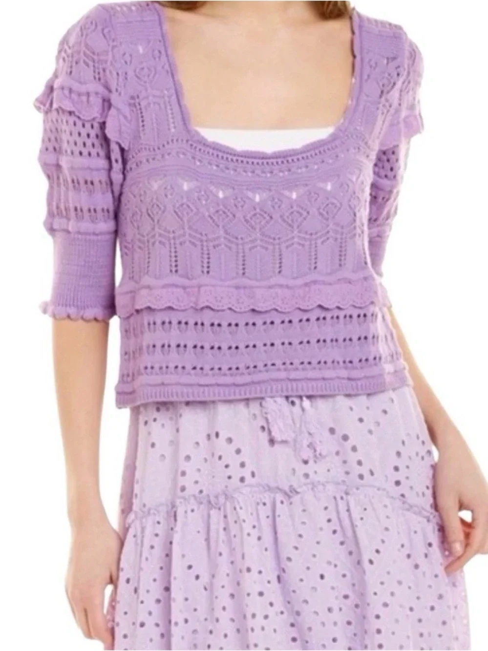 Zara Pointelle Knit Crochet Sweater Top Puff Ruffle Sleeve Lavender S Coquette